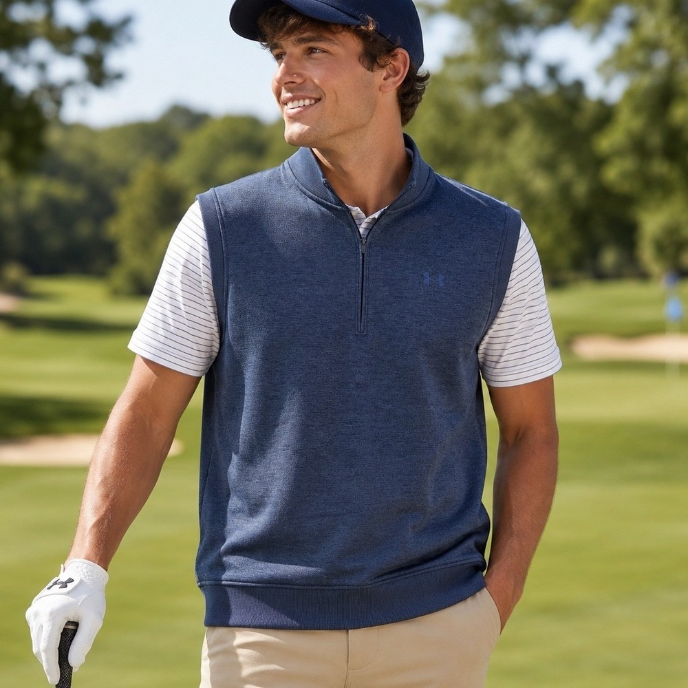 Under Armour Mens ColdGear Quarter Zip Golf Vest Blue Heathered Loose Fit Large